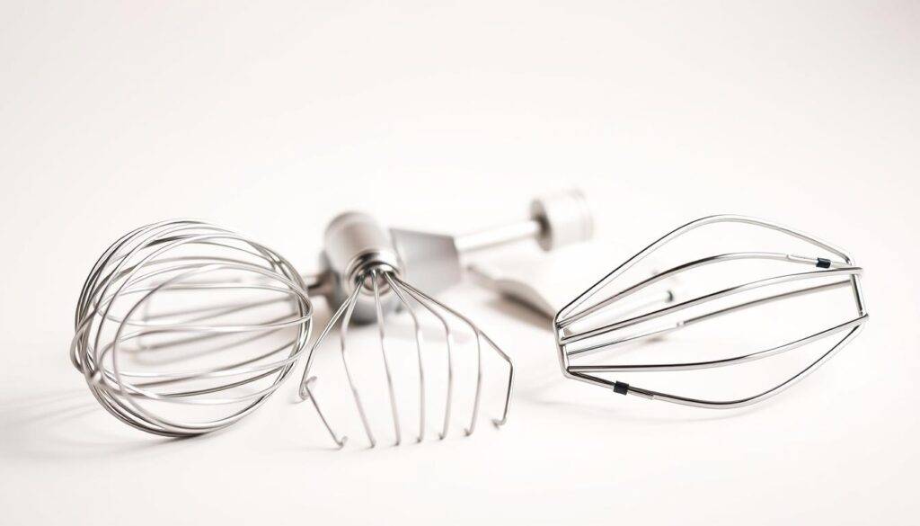A beautifully lit, close-up photograph of a set of hand mixer attachments from the "Food Recipes Deal" brand, neatly arranged on a pristine white background. The attachments include a whisk, dough hook, and beater paddle, all showcasing their sleek, stainless steel construction and high-quality design. The lighting creates a warm, inviting atmosphere, highlighting the subtle textures and reflections of the metal surfaces. The composition emphasizes the versatility and functionality of these essential hand mixer accessories, perfectly suited for the home baker's needs.