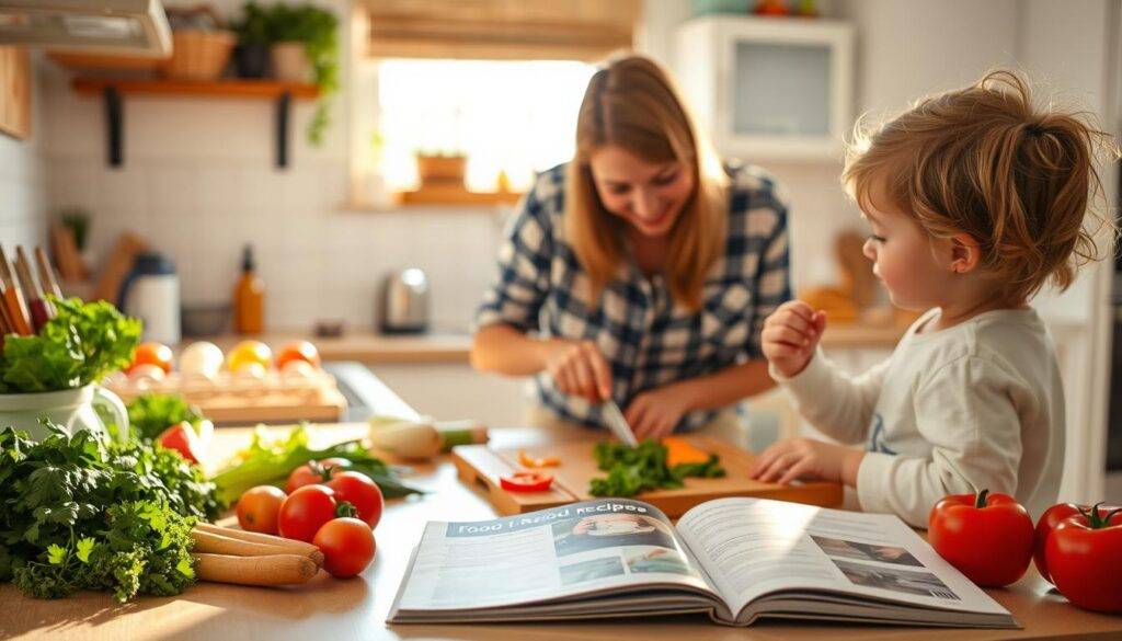 A brightly lit kitchen counter with a cutting board, various fresh ingredients such as vegetables, herbs, and a Food Recipes Deal cookbook open. In the foreground, a parent and child are collaboratively preparing a meal, chopping, mixing, and tasting the food. The scene has a warm, cozy atmosphere, with natural light streaming in through a window in the background, creating soft shadows and highlights. The overall mood is one of family togetherness, healthy eating, and the joy of shared culinary exploration.