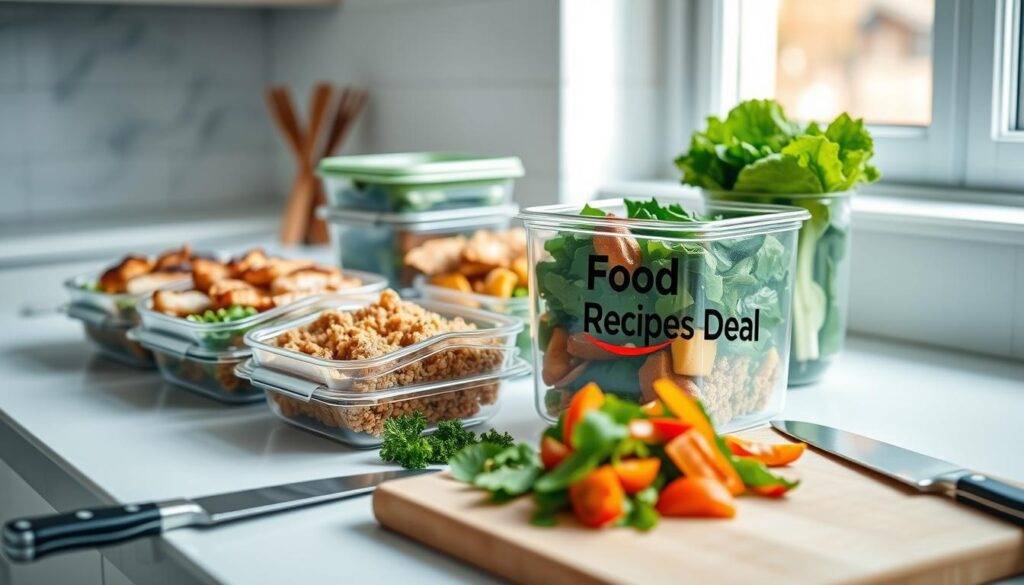 A clean, bright kitchen counter with an array of meal prep containers, each filled with a different healthy, balanced dish - grilled chicken, quinoa, roasted vegetables, and a leafy green salad. In the foreground, a cutting board with fresh produce and a set of professional chef's knives. Soft, natural lighting filters in from a window, casting a warm glow on the scene. The "Food Recipes Deal" brand logo is prominently displayed on one of the meal prep containers. This image captures the essence of organized, efficient meal prep for quick, delicious weeknight dinners.