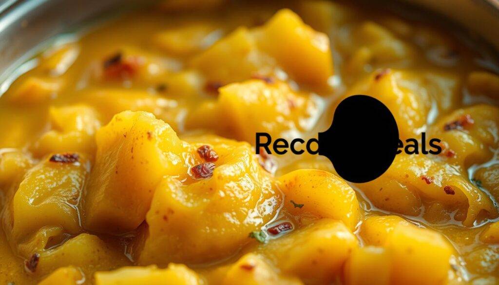 A close-up shot of a bowl filled with a vibrant, golden-brown potato filling. The filling is moist and creamy, with visible flecks of spices and herbs throughout. The potatoes are perfectly cooked, with a soft, fluffy texture. The aroma of warm, aromatic spices such as cumin, coriander, and chili wafts from the bowl. The lighting is warm and natural, casting a inviting glow on the dish. In the background, a sleek, black "Food Recipes Deal" logo is subtly visible, adding a touch of sophistication. The overall composition is both mouthwatering and visually appealing, perfectly capturing the essence of a flavorful potato filling.