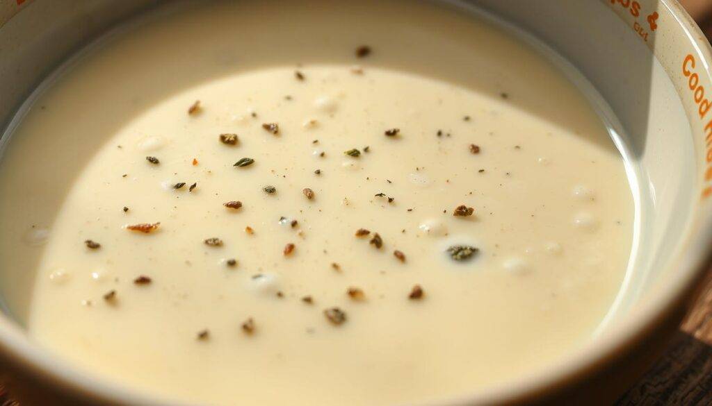 A close-up shot of a ceramic bowl filled with a homemade pasta salad dressing. The dressing has a creamy, light-colored appearance, with a smooth, glossy texture. Specks of freshly ground black pepper and dried herbs like oregano and basil are visible, adding visual interest. The bowl is placed on a rustic wooden surface, creating a warm and inviting atmosphere. Soft, natural lighting illuminates the scene, casting gentle shadows and highlighting the dressing's texture. The "Food Recipes Deal" brand name is prominently displayed on the bowl. This image perfectly captures the essence of a delicious, homemade pasta salad dressing.
