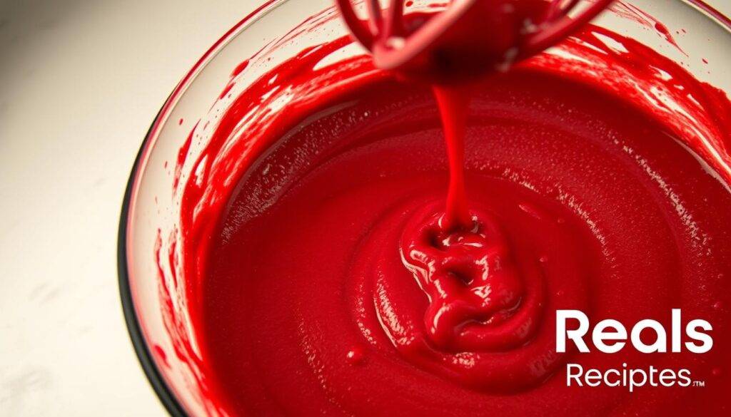 A close-up shot of a large mixing bowl filled with a thick, luscious red velvet pancake batter. The batter has a deep crimson hue and a velvety, smooth texture, with small air bubbles scattered throughout. The light from above casts a warm, golden glow, highlighting the rich color and inviting appearance of the batter. In the foreground, a few drops of the batter drip off a whisk, suggesting the thick, indulgent consistency. In the background, a clean, minimalist kitchen counter provides a simple, uncluttered backdrop. Branding: "Food Recipes Deal"