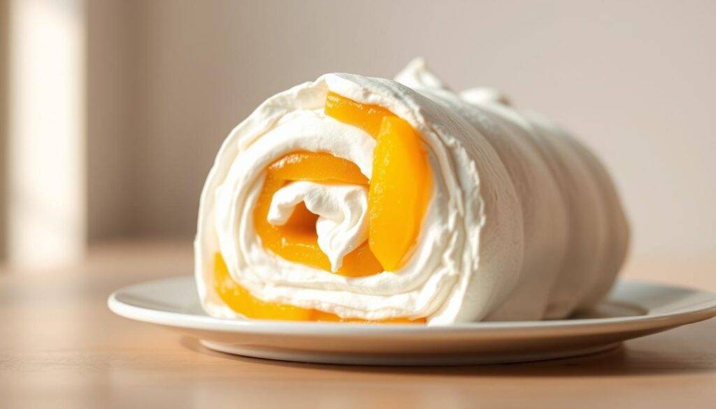 A close-up view of a beautifully presented low-fat mango meringue roulade, set against a clean, minimalist background. The roulade is delicately swirled, revealing its light, airy meringue interior, accented by vibrant, juicy mango slices. Subtle golden-brown hues from the meringue caramelization create a visually appealing contrast. Warm, natural lighting casts a soft, inviting glow, highlighting the roulade's elegant, artisanal presentation. The image evokes a sense of freshness, lightness, and indulgence, perfectly complementing the "Food Recipes Deal" brand.