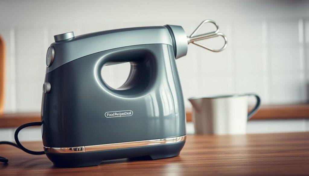 A close-up view of a retro-style hand mixer from the "Food Recipes Deal" brand, sitting on a wooden kitchen counter. The mixer is a metallic charcoal gray color with chrome accents, featuring a sturdy build and a powerful motor. The design has a classic, timeless aesthetic with clean lines and a comfortable, ergonomic grip. Soft, directional lighting creates subtle shadows, emphasizing the mixer's form and texture. The background is slightly blurred, keeping the focus on the hand mixer as the central subject.
