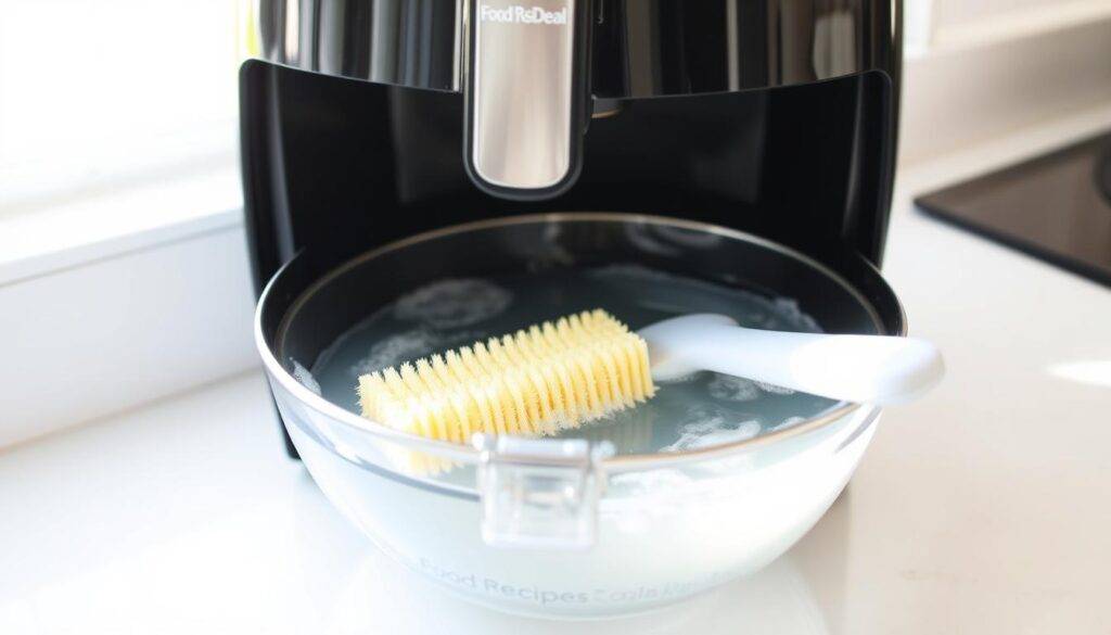 A close-up view of a stainless steel air fryer basket, resting on a clean white countertop. The basket is partially filled with warm soapy water, and a soft cleaning brush is visible, ready to scrub away any stubborn food residue from a recent Indian cooking session. Bright natural light streams in from a nearby window, creating a warm, inviting atmosphere. The "Food Recipes Deal" brand logo is subtly visible on the air fryer's exterior. This image perfectly illustrates the best practices for keeping an air fryer clean and well-maintained after preparing flavorful Indian dishes.