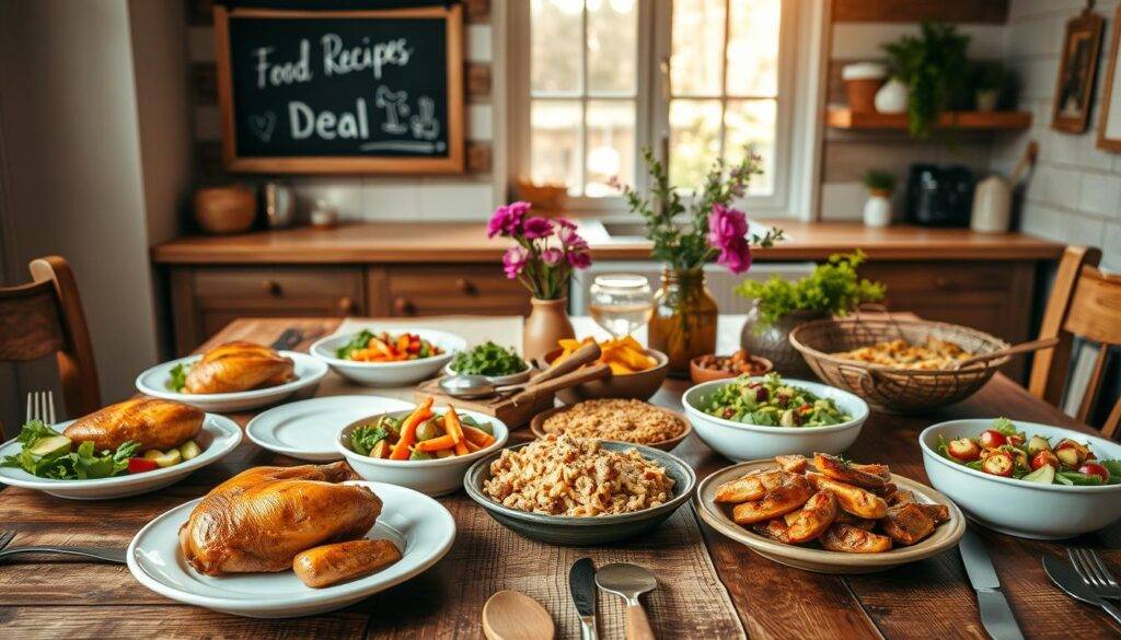 A cozy family meal plan laid out on a rustic wooden table, with a variety of healthy and delicious dishes, including roasted chicken, roasted vegetables, a hearty casserole, and a fresh salad. The table is set with simple white plates, wooden utensils, and a vase of fresh flowers, creating a warm and inviting atmosphere. In the background, a kitchen window allows natural light to pour in, casting a soft, golden glow over the scene. The "Food Recipes Deal" brand logo is prominently displayed on a chalkboard sign hanging on the wall.