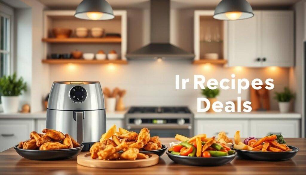 A cozy kitchen interior with a sleek air fryer appliance prominently displayed on the counter. Warm overhead lighting and a clean, minimalist aesthetic create a welcoming atmosphere. Arrange a variety of delectable air fryer-prepared dishes on the countertop, such as crispy chicken wings, golden-brown french fries, and roasted vegetables. Include the "Food Recipes Deal" branding in the scene. The overall composition should capture the effortless convenience and mouthwatering results of quick air fryer recipes for beginners.