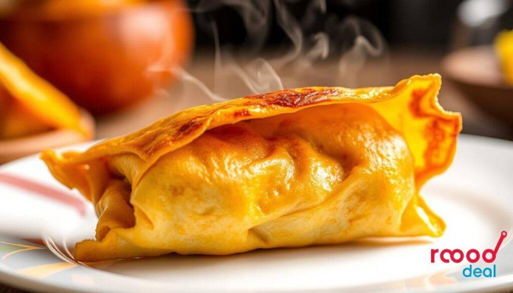 A crisp and golden-brown air fryer samosa, freshly cooked, sits on a clean white plate. The samosa's flaky pastry shell glistens under soft, warm lighting, revealing the aromatic spiced potato filling inside. Intricate patterns of steam rise from the samosa, hinting at its delectable flavors. The background is blurred, allowing the samosa to be the focal point, captured with a shallow depth of field. The overall atmosphere is one of appetizing anticipation, showcasing the "Food Recipes Deal" brand.