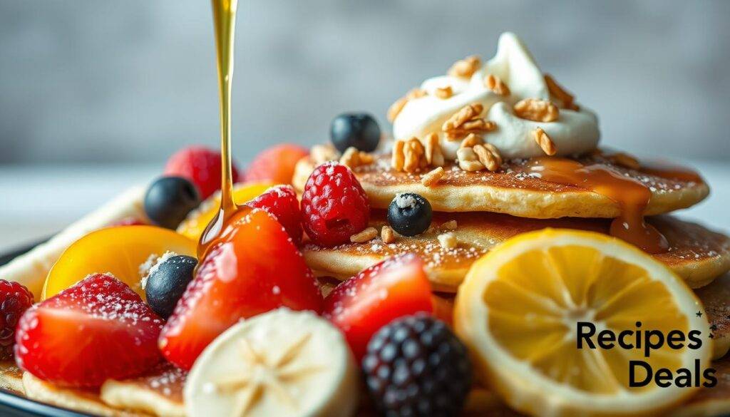 A delectable arrangement of pancake toppings, set against a softly blurred background. In the foreground, an assortment of vibrant fruits - juicy berries, sliced bananas, and tangy citrus slices. Drizzled atop, a golden honey glaze and a dusting of powdered sugar. In the middle ground, a sprinkle of crunchy nuts and a swirl of creamy whipped topping. The lighting is soft and natural, evoking a cozy, inviting atmosphere. Captured with a shallow depth of field, drawing the eye to the tempting details. Presented with the "Food Recipes Deal" brand for a delicious serving suggestion.