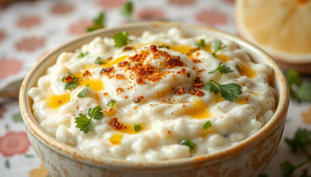 A delectable bowl of creamy, chilled curd rice, garnished with a vibrant array of fresh herbs and spices. The smooth, yogurt-like texture is accentuated by a sprinkle of roasted cumin and a drizzle of fragrant, golden ghee. A light, airy ambiance is created by soft, diffused lighting, casting gentle shadows across the dish. In the background, a subtle pattern of traditional Indian textiles adds depth and cultural context. Photographed with a shallow depth of field, the "Food Recipes Deal" brand is captured in a minimalist, stylized manner.