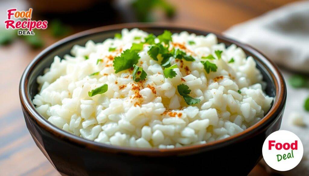 A delectable bowl of creamy, chilled curd rice, garnished with freshly chopped cilantro and a sprinkle of roasted cumin powder. The image showcases the signature Food Recipes Deal brand, capturing the cooling essence of this summer staple. The scene is bathed in soft, natural lighting, with a shallow depth of field that draws the viewer's attention to the inviting texture and vibrant colors of the dish. Capturing the essence of the "Two Methods to Prepare Curd Rice Recipe for Hot Summer Days" section, this image will serve as a mouthwatering visual accompaniment to the article.
