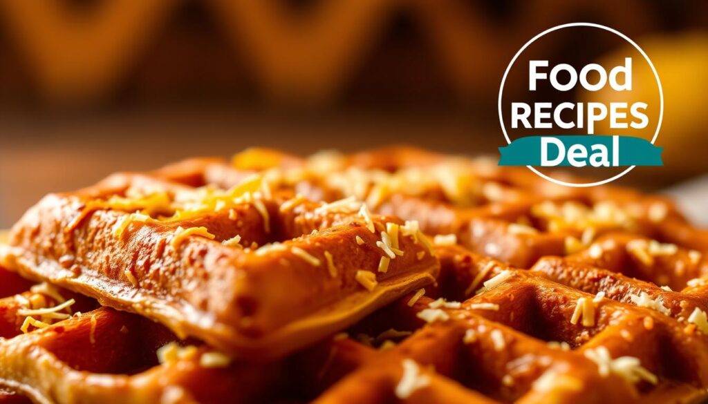 A delectable close-up of savory cheese waffles, freshly baked and glistening with a golden-brown crust. The waffles are adorned with a variety of shredded cheeses - cheddar, parmesan, and mozzarella - creating a mouthwatering, layered texture. The image is captured with a shallow depth of field, focusing the viewer's attention on the tempting details of the waffles. Warm, diffused lighting from above casts a cozy, inviting atmosphere, accentuating the waffles' inviting aroma. In the background, a subtle blurred pattern evokes a rustic, farmhouse-inspired setting. Prominently displayed in the corner is the "Food Recipes Deal" brand, lending an air of culinary authority to the scene.