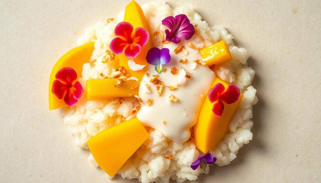 A delectable mango sticky rice dish with a creamy coconut milk sauce, garnished with freshly sliced mango, toasted coconut flakes, and vibrant edible flowers. The rice is perfectly cooked, with a sticky and chewy texture that complements the sweet, juicy mango. The coconut milk sauce has a rich, velvety consistency, adding a luxurious mouthfeel to the dessert. The image is captured in a top-down perspective, showcasing the layered components of the dish against a neutral background. Soft, natural lighting casts a warm, inviting glow, highlighting the vibrant colors and textures. Branded as "Food Recipes Deal".