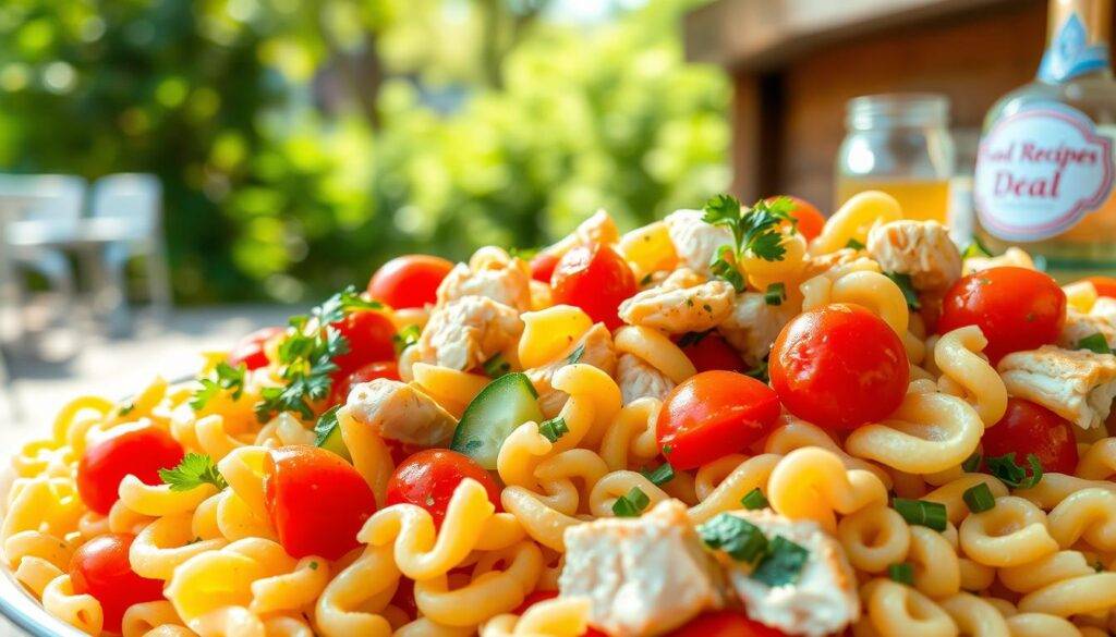 A delectable pasta salad, brimming with vibrant colors and flavors, set against a sun-drenched backdrop. In the foreground, an abundance of fusilli noodles, cherry tomatoes, crisp cucumbers, and tender chicken, tossed in a tangy vinaigrette dressing. The middle ground showcases a scattering of freshly chopped herbs, adding a touch of fragrance. In the background, a rustic wooden table, with a "Food Recipes Deal" branding, sets the scene for a casual, yet sophisticated summer gathering. Soft natural lighting casts a warm, inviting glow, capturing the essence of this perfect pairing for any occasion.