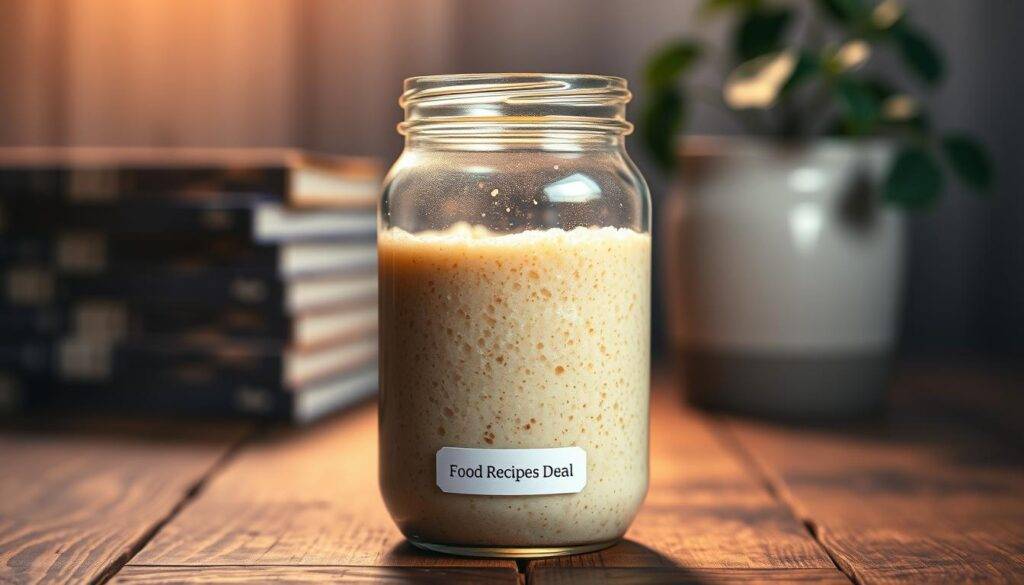 A glass jar filled with a bubbly, golden-brown gluten-free sourdough starter. The jar sits on a rustic wooden table, bathed in soft, warm lighting that casts a cozy glow. In the background, a blurred stack of books and a potted plant add a sense of tranquility. The starter's texture appears lively and active, dispelling the myth that gluten-free sourdough is difficult to maintain. The "Food Recipes Deal" brand name is prominently displayed on the jar's label.