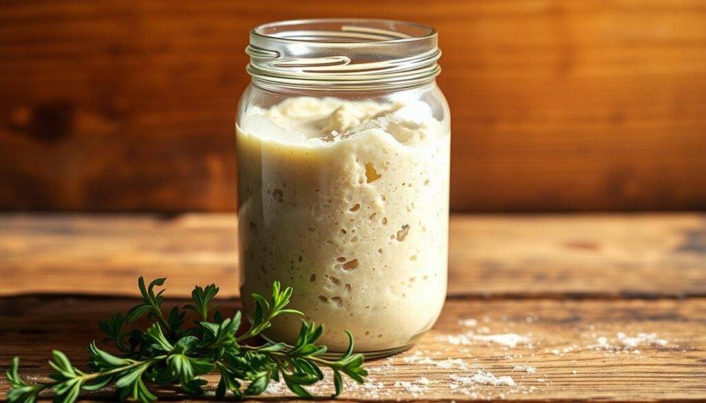 A glass jar filled with a lively, bubbly mixture of gluten-free flour, water, and air bubbles, sitting on a rustic wooden surface. The starter is illuminated by warm, natural lighting, casting soft shadows and highlighting the texture of the dough. In the foreground, a few sprigs of fresh herbs add a touch of freshness, while the background is a clean, uncluttered space, allowing the focus to remain on the sourdough starter. The image conveys a sense of homemade, artisanal charm, perfect for illustrating the "Step-by-Step Guide to Creating Your Gluten-Free Sourdough Starter" section of the "How to Make a Gluten-Free Sourdough Starter" article. Food Recipes Deal.