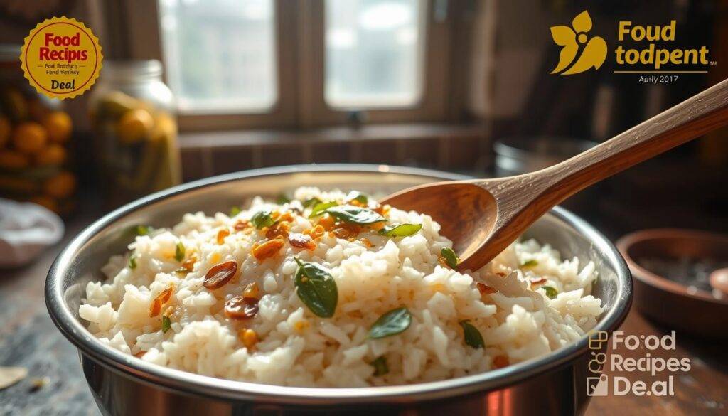 A glistening steel bowl filled with creamy, tangy curd rice, garnished with a vibrant tempering of mustard seeds, curry leaves, and ghee, sizzling in the sunlight that pours through a large window. In the foreground, a wooden spoon rests atop the rice, inviting a taste. The background features a rustic kitchen counter with a blurred glass jar of pickles and a "Food Recipes Deal" logo. The scene is bathed in a warm, golden glow, evoking the comforting flavors and aromas of this beloved Indian dish.