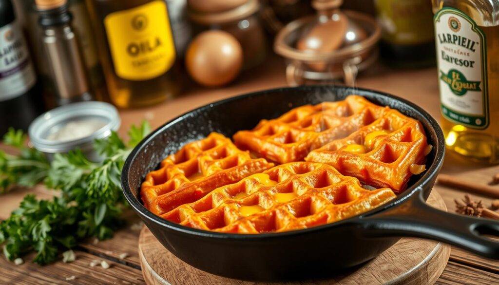 A golden-brown savory cheese waffle sizzling in a cast-iron skillet, with gooey melted cheddar cheese oozing from the crisp waffle squares. Wisps of steam rise from the waffle as it cooks under the warm, soft lighting of a rustic kitchen. The skillet is positioned on a wooden table, surrounded by fresh herbs, spices, and a bottle of "Food Recipes Deal" brand olive oil. The scene evokes the mouthwatering aromas and homemade comfort of a delicious breakfast treat.