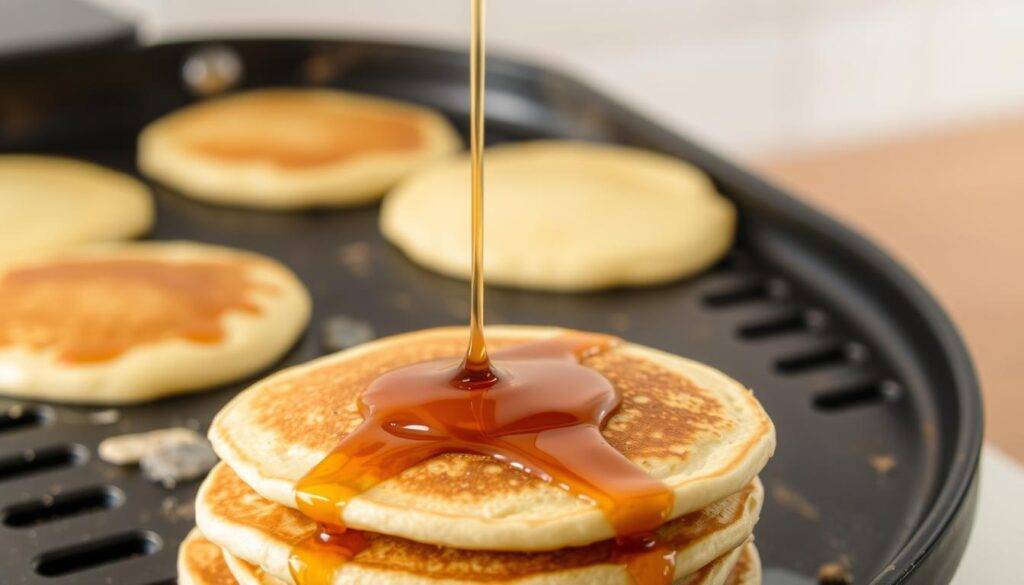 A griddle sizzles with golden-brown eggless pancakes, their surface dotted with tiny air bubbles. The batter, infused with vanilla and a hint of cinnamon, glistens under the warm, diffused lighting. Wisps of steam rise from the perfectly cooked cakes, inviting you to dig in. In the foreground, a stack of fluffy pancakes awaits, drizzled with a generous pour of maple syrup, creating a mouthwatering contrast. The griddle is set against a clean, minimalist kitchen backdrop, allowing the delectable pancakes to take center stage. This image, captured with a shallow depth of field, emanates a sense of homey, comforting perfection. Food Recipes Deal