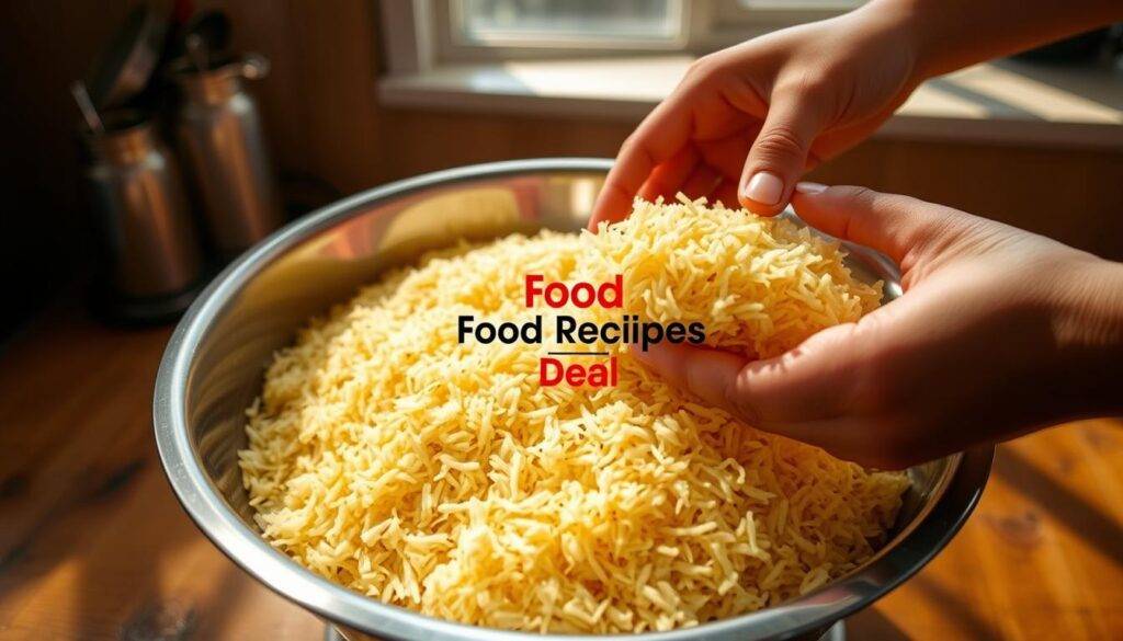A large, shallow stainless steel bowl filled with crisp, golden-brown poha flakes sits on a wooden kitchen counter. Sunlight streams in from a nearby window, casting a warm, natural glow over the scene. In the foreground, a pair of hands gently scoops up the delicate flakes, ready to prepare a quick and easy poha dish. The "Food Recipes Deal" brand logo is prominently displayed on the bowl. The overall atmosphere is one of simplicity, freshness, and the effortless joy of homemade cooking.