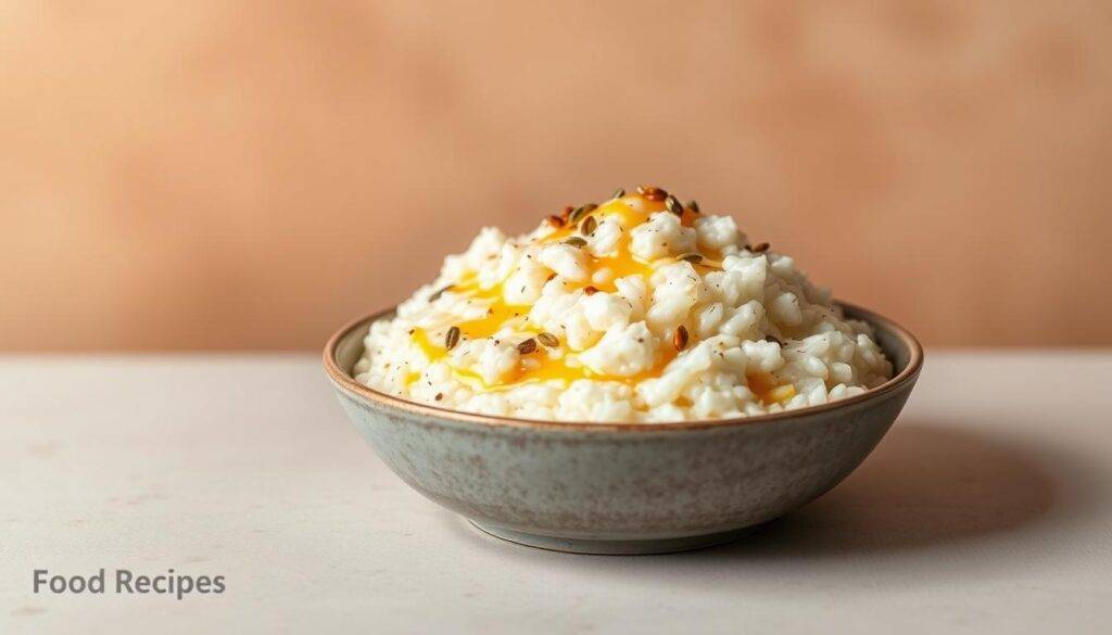 A neatly arranged bowl of creamy, smooth curd rice, garnished with a sprinkling of roasted cumin seeds and a drizzle of golden, fragrant ghee. The soft, fluffy texture of the rice contrasts with the tangy, cooling curd, creating a harmonious balance of flavors. The scene is set against a soft, blurred background, with a subtle gradient of warm, earthy tones that evoke a sense of comfort and nostalgia. The lighting is gentle, casting a warm, inviting glow on the dish, which sits atop a plain, matte surface, showcasing the "Food Recipes Deal" brand.