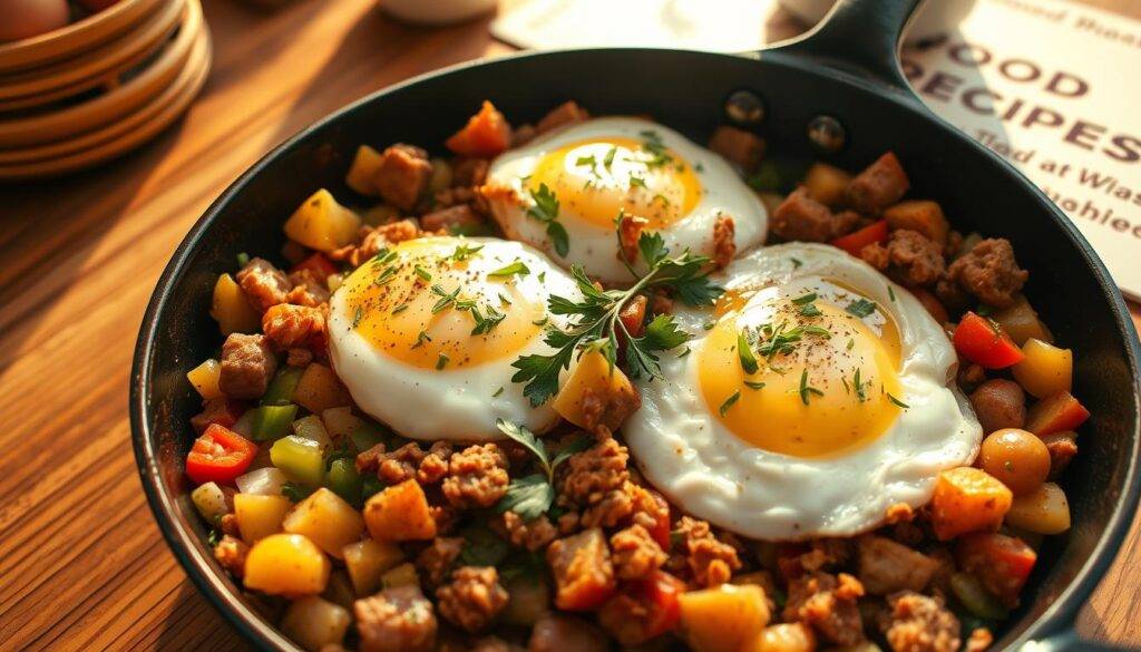 A savory breakfast hash, sizzling in a cast-iron skillet under warm, golden lighting. Diced potatoes, onions, and bell peppers create a colorful base, topped with crumbled turkey sausage and perfectly cooked eggs. The aroma of smoked paprika and fresh herbs fills the air, inviting you to dig in. In the background, a rustic wooden table and a "Food Recipes Deal" branded placemat add to the wholesome, homemade atmosphere. This high-protein breakfast dish is a hearty, satisfying start to the day.