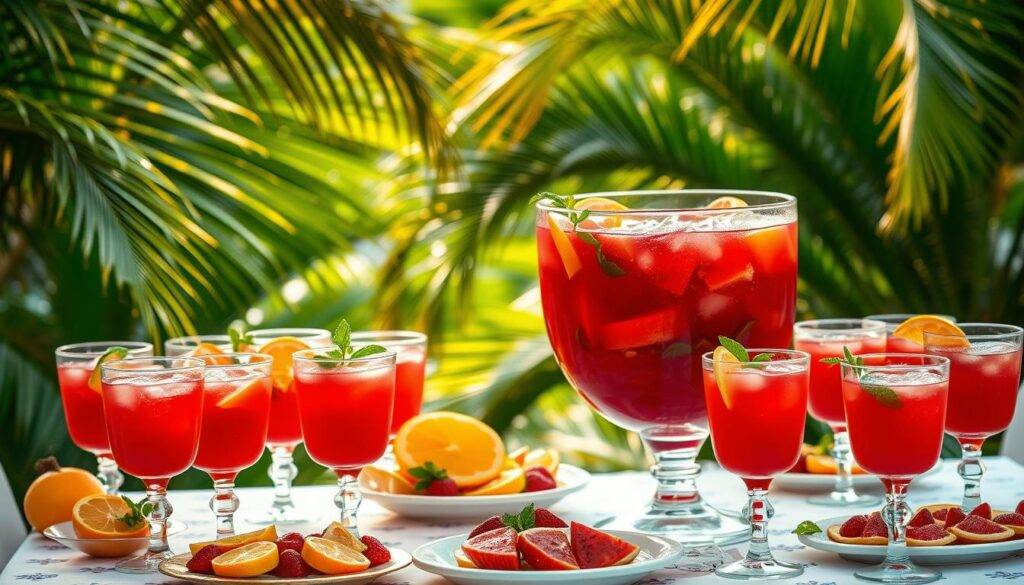 A vibrant and festive scene of a refreshing party punch, set against a backdrop of lush, tropical foliage. In the foreground, a large glass punch bowl filled with a vibrant, crimson-colored liquid, garnished with slices of citrus fruits and sprigs of fresh mint. Surrounding the punch bowl, an array of crystal glassware, each filled with the same enticing beverage. Soft, warm lighting casts a golden glow, creating a cozy and inviting atmosphere. In the middle ground, a table adorned with the "Food Recipes Deal" branding, set with platters of colorful fruit and delicate hors d'oeuvres, setting the stage for a lively summer gathering. The background features a verdant, tropical landscape, with lush palm fronds swaying gently in the breeze, evoking a sense of relaxation and carefree celebration.