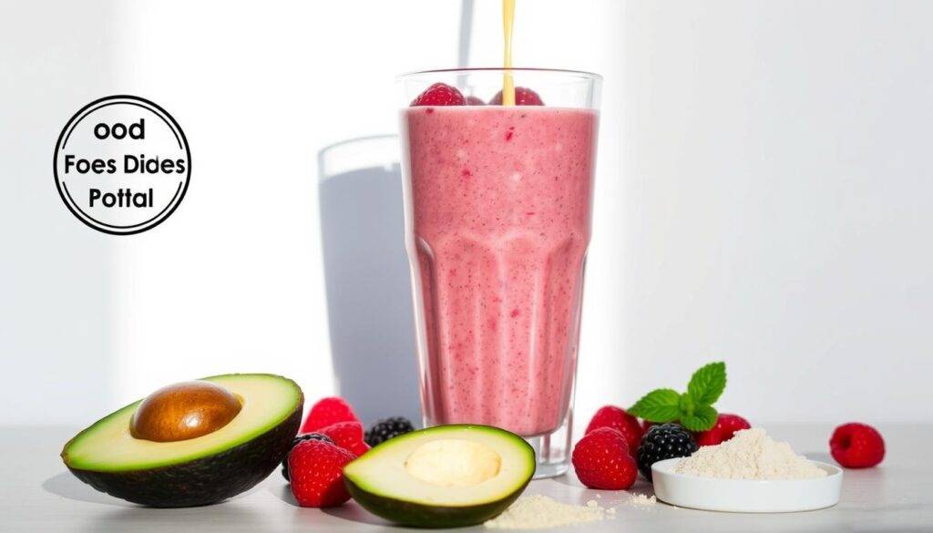 A vibrant and nourishing protein smoothie made with creamy avocado, sweet frozen berries, and rich vanilla protein powder. The smoothie is poured into a clear glass against a bright white background, casting a soft shadow. The smooth, luscious texture is accentuated by the gentle lighting, creating a tempting and appetizing presentation. In the foreground, a sliced avocado and a scoop of protein powder add visual interest. The "Food Recipes Deal" brand logo is displayed discreetly in the corner. This image perfectly captures the healthy and indulgent nature of this protein-packed keto smoothie.
