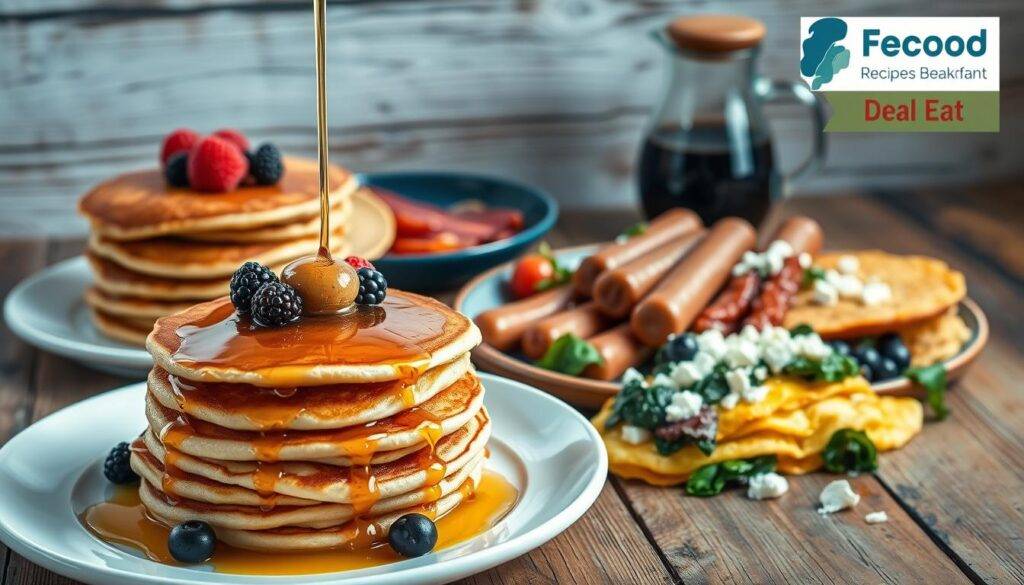 A vibrant, appetizing still life showcasing a variety of high-protein breakfast options. In the foreground, a plate displays a hearty stack of fluffy protein-packed pancakes, drizzled with honey and garnished with fresh berries. In the middle ground, a platter features crisp bacon, juicy sausages, and a perfectly cooked omelette overflowing with spinach and feta. The background features a rustic wooden table, with a carafe of freshly brewed coffee and the "Food Recipes Deal" brand prominently displayed. Warm, natural lighting casts a cozy glow, and the overall composition conveys a sense of nourishment and energy.