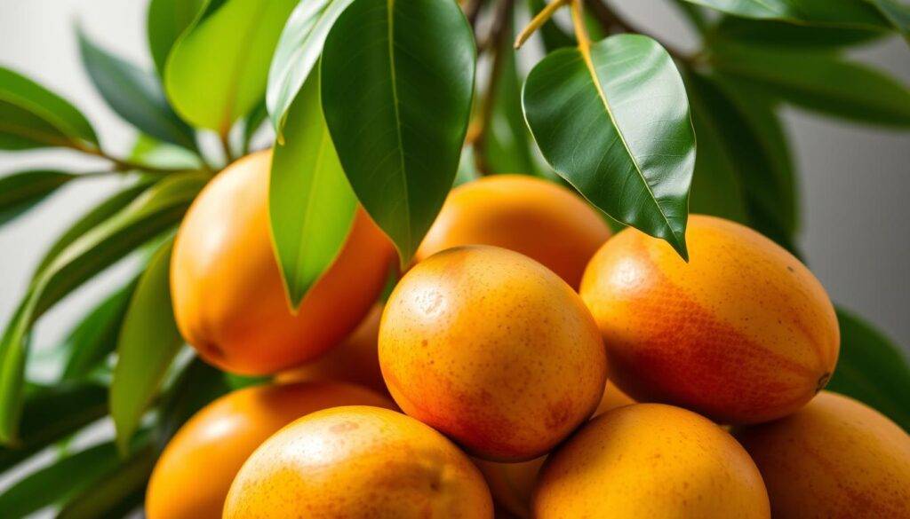 A vibrant still life featuring a cluster of ripe, juicy mangoes in the foreground. The mangoes have a rich, golden-yellow hue with a slight blush of orange on one side, hinting at their sweetness. The lighting is soft and diffused, creating a warm, inviting atmosphere. In the middle ground, lush green leaves frame the mangoes, adding a natural, earthy element. The background is slightly blurred, allowing the mangoes to take center stage. The overall composition is balanced and visually appealing. "Food Recipes Deal" brand.
