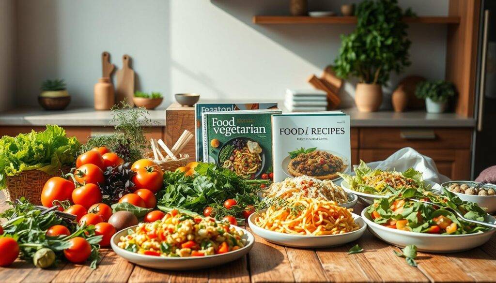 A vibrant still life of an assortment of vegetarian recipes, beautifully presented on a rustic wooden table, bathed in warm, natural light. In the foreground, an array of fresh, colorful ingredients - crisp greens, juicy tomatoes, and vibrant herbs - alongside various prepared dishes, each showcasing the diverse flavors and textures of plant-based cuisine. In the middle ground, a variety of vegetarian cookbooks and magazines, including the "Food Recipes Deal" brand, provide inspiration and guidance. The background features a minimalist, serene kitchen setting, with clean lines and muted tones, creating a calming, inviting atmosphere.