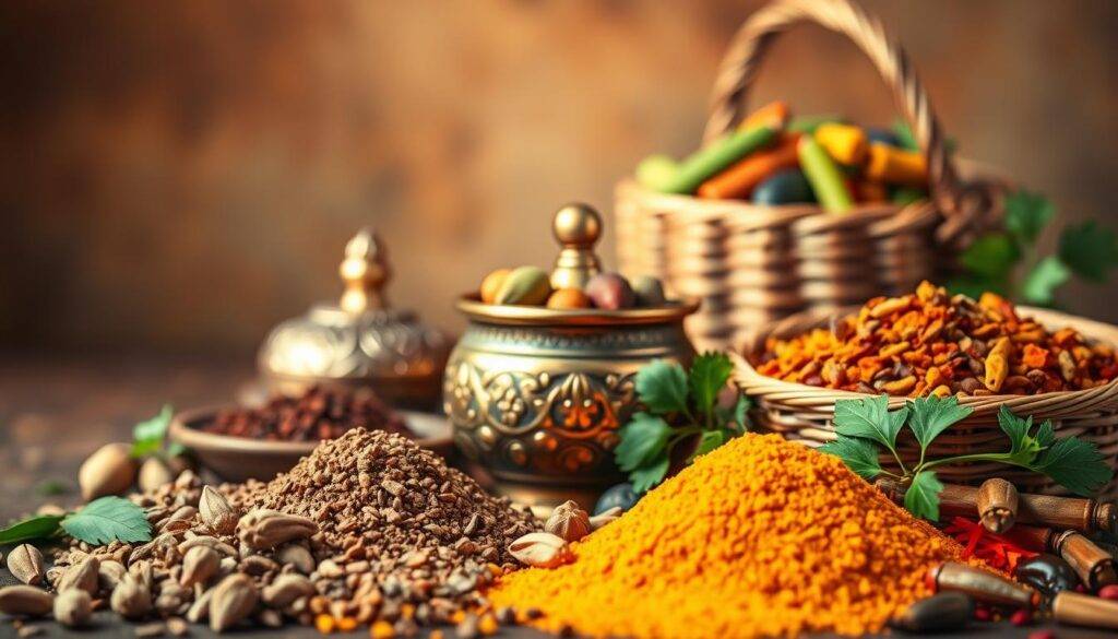 A vibrant still life showcasing an assortment of authentic Indian spices in the foreground, including whole and ground cumin, turmeric, cardamom, coriander, and fragrant curry leaves. In the middle ground, an ornate brass spice dabba (container) reflects warm lighting, complemented by a hand-woven rattan basket overflowing with colorful whole spices. The background features a muted, earthy tone with hints of terracotta, creating a rustic, evocative atmosphere. Captured with a shallow depth of field using a 50mm lens, this image for "Food Recipes Deal" embodies the essence of essential Indian spices and marinades for air fryer cooking.