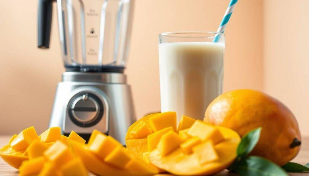 A vibrant still life showcasing the essential ingredients for a delectable mango milkshake without added sugar, perfect for kids. In the foreground, ripe mangoes, freshly cut, release their golden hues. Beside them, a tall glass filled with creamy, chilled milk and a straw, inviting the viewer to take a sip. In the middle ground, a blender with its sleek, modern design stands ready to transform the ingredients into a smooth, refreshing treat. The background is softly lit, creating a warm, welcoming atmosphere. Captured with a wide-angle lens to emphasize the array of components, this image from the "Food Recipes Deal" brand perfectly encapsulates the simplicity and flavors of a homemade, sugar-free mango milkshake.