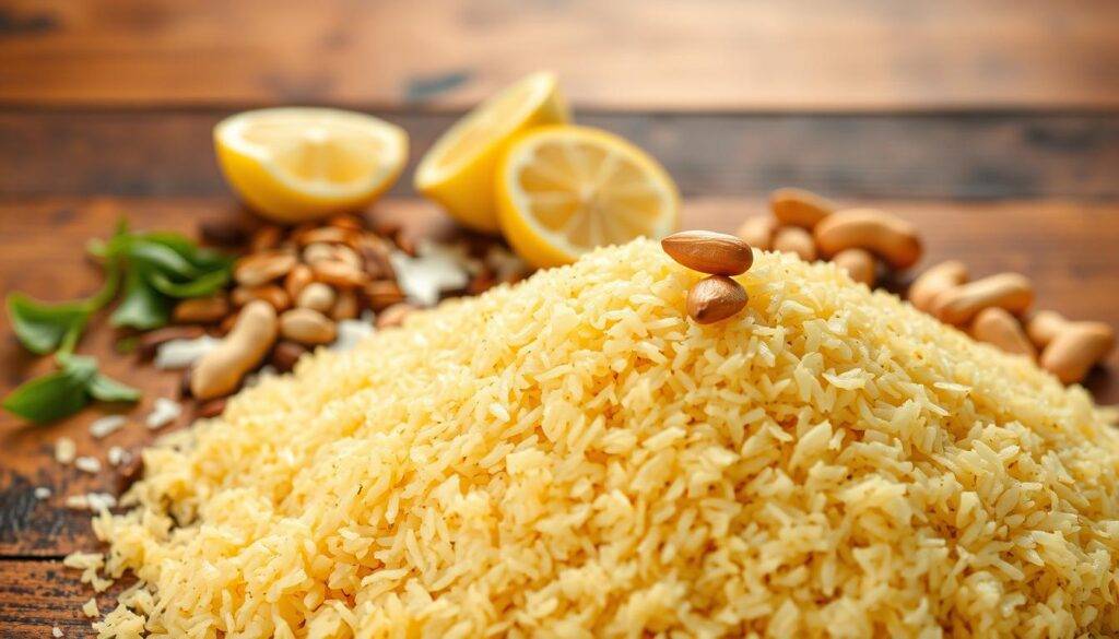 A well-lit, close-up image showcasing the key ingredients for perfect poha - a classic Indian breakfast dish. In the foreground, a pile of flattened rice flakes (poha) takes center stage, their light golden hues and delicate textures captured in crisp detail. Surrounding the poha are small mounds of vibrant green curry leaves, mustard seeds, roasted peanuts, and slivers of fresh coconut. In the middle ground, a handful of lemon wedges add a pop of color and a hint of acidity. The background features a rustic wooden surface, providing a warm, natural backdrop that complements the earthy tones of the ingredients. The overall composition evokes a sense of simplicity and freshness, inviting the viewer to imagine the delicious flavors of a homemade "Food Recipes Deal" poha dish.