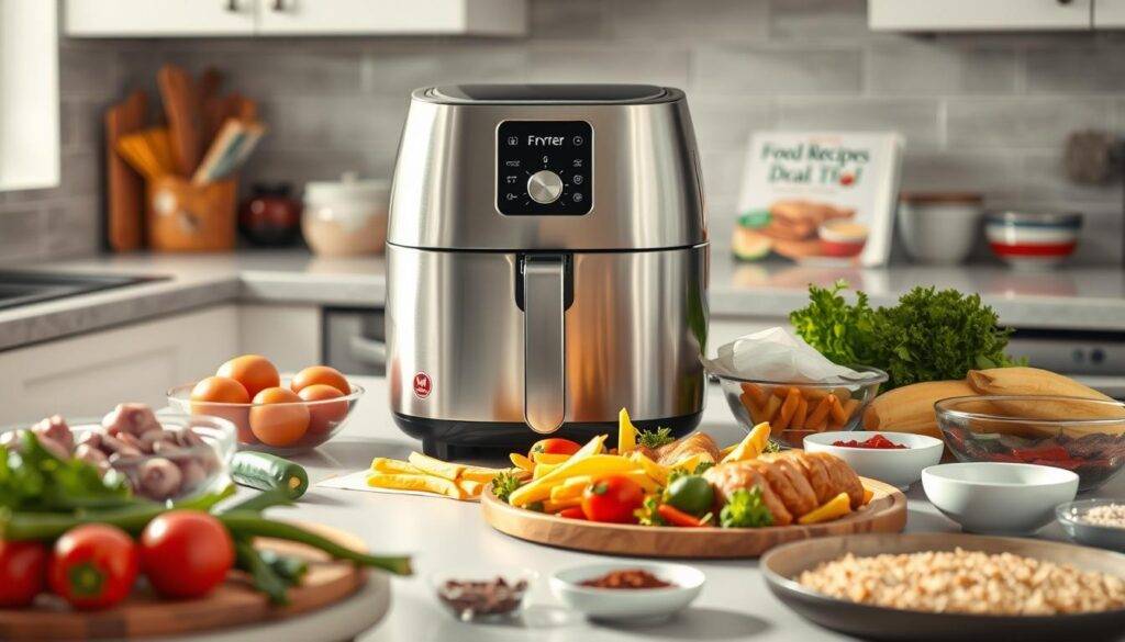 A well-lit kitchen counter, showcasing a sleek, stainless steel air fryer in the foreground. Surrounding it, an array of fresh ingredients - crisp vegetables, lean proteins, and aromatic spices. The scene is captured with a wide-angle lens, highlighting the air fryer's intuitive controls and digital display. Soft, natural lighting illuminates the setup, creating a warm, inviting atmosphere. In the background, a copy of the "Food Recipes Deal" cookbook is visible, emphasizing the air fryer's versatility for quick and easy meal preparation.