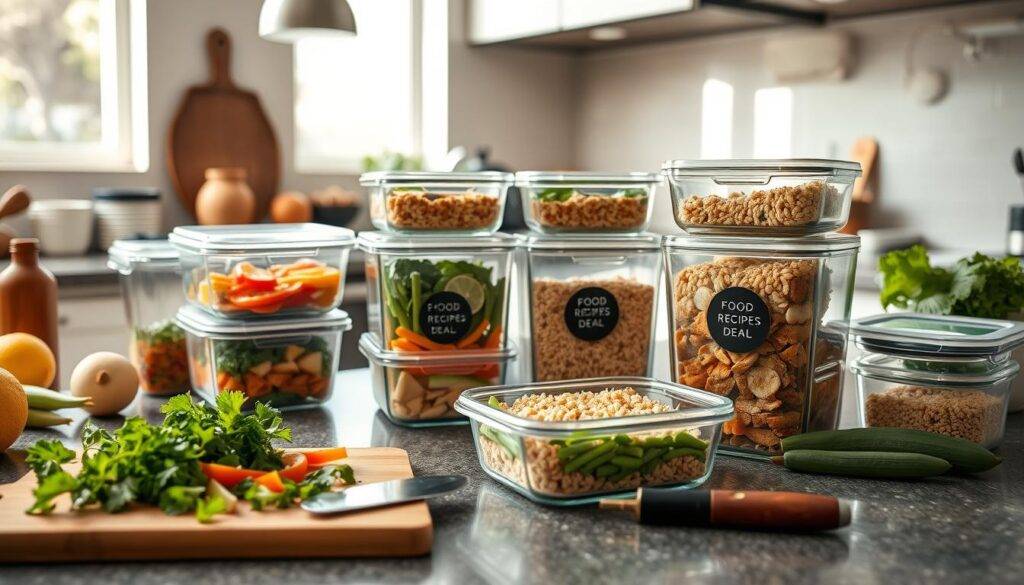 A well-lit, spacious kitchen counter with various meal prep containers, fresh produce, and cooking utensils. In the foreground, a cutting board with freshly chopped vegetables, herbs, and a chef's knife. On the middle counter, several multi-purpose glass containers filled with pre-cooked proteins, grains, and sauces. In the background, a muted neutral-toned wall and natural light streaming in from a window, creating a warm, inviting atmosphere. The "Food Recipes Deal" brand logo is subtly displayed on one of the meal prep containers.