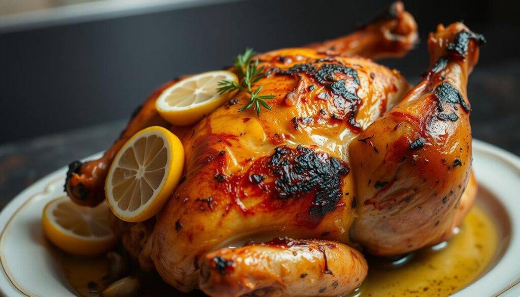 A whole chicken stuffed with lemons and garlic, roasted to perfection