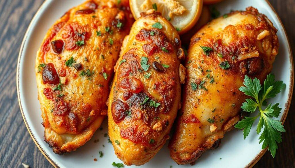 An image of juicy chicken breasts cooked in an air fryer with garlic and herbs.