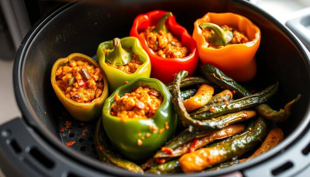 An image of stuffed bell peppers and Bharwa Bhindi in an air fryer.