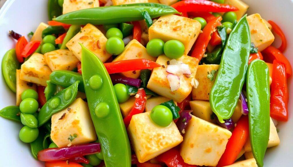 Colorful vegetable stir-fry with tofu and snap peas