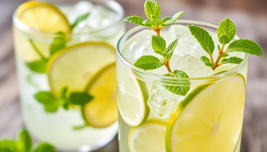Create an image of a refreshing summer cocktail with lime and mint.