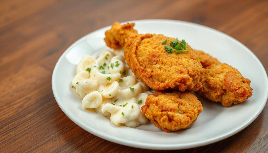 Crispy fried chicken with a side of mashed potatoes