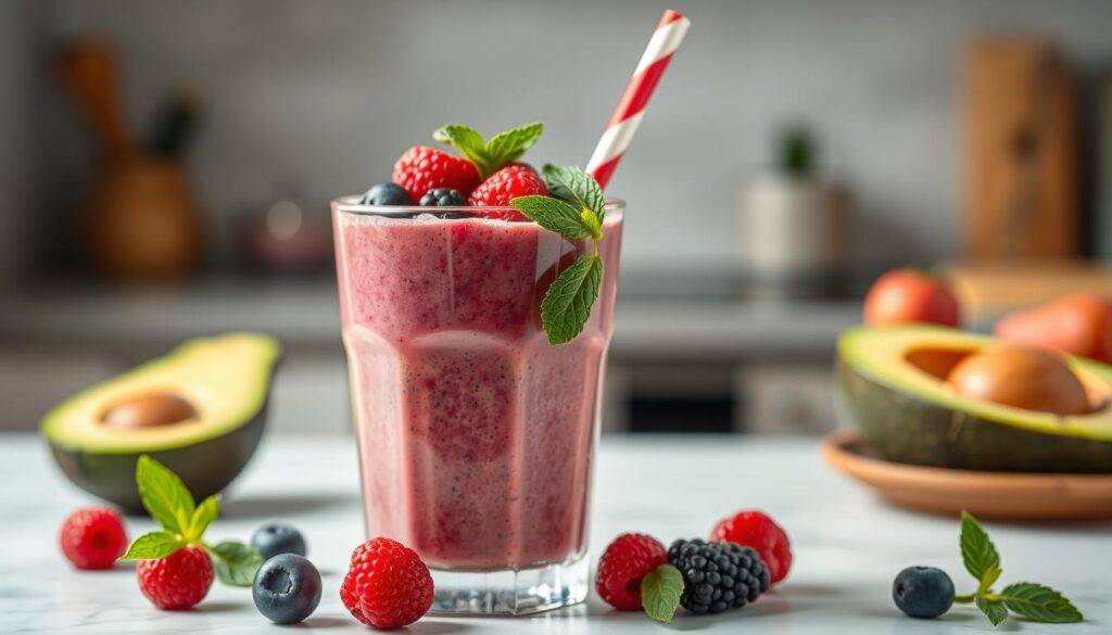 Generate an image of a berry keto avocado smoothie in a glass, garnished with fresh berries and mint leaves.