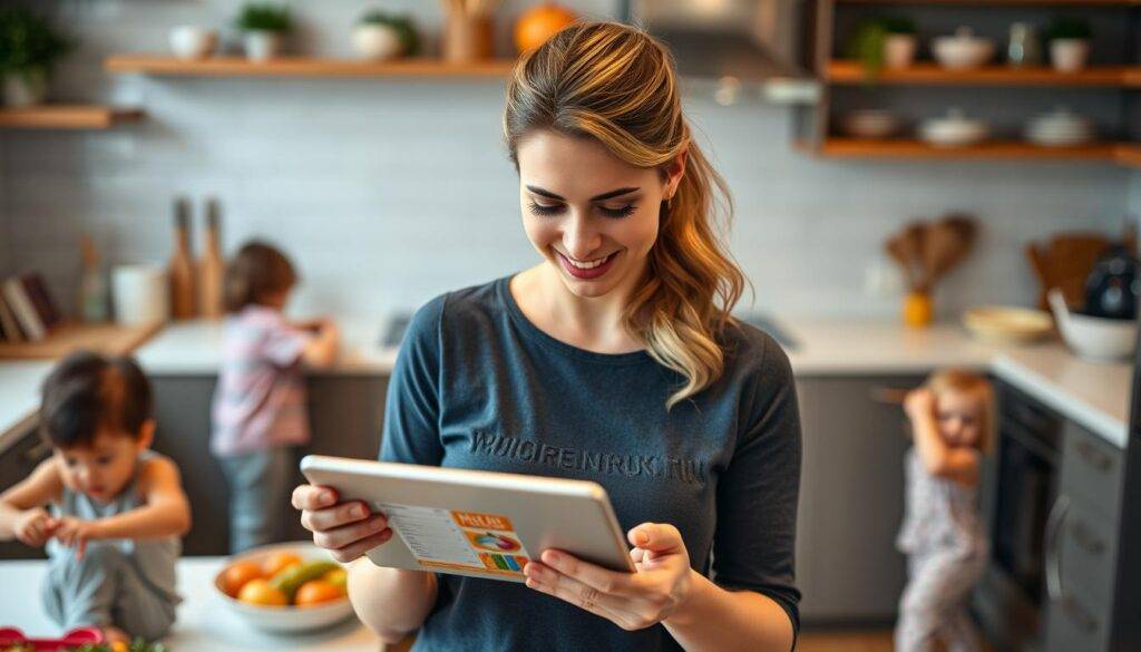 Generate an image of a busy mom using a meal planning app on her tablet