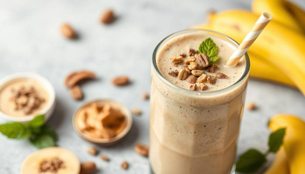 Generate an image of a delicious high-protein breakfast smoothie with a peanut butter and banana theme.