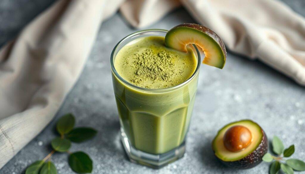 Generate an image of a matcha keto avocado smoothie in a glass, topped with a sprinkle of matcha powder.
