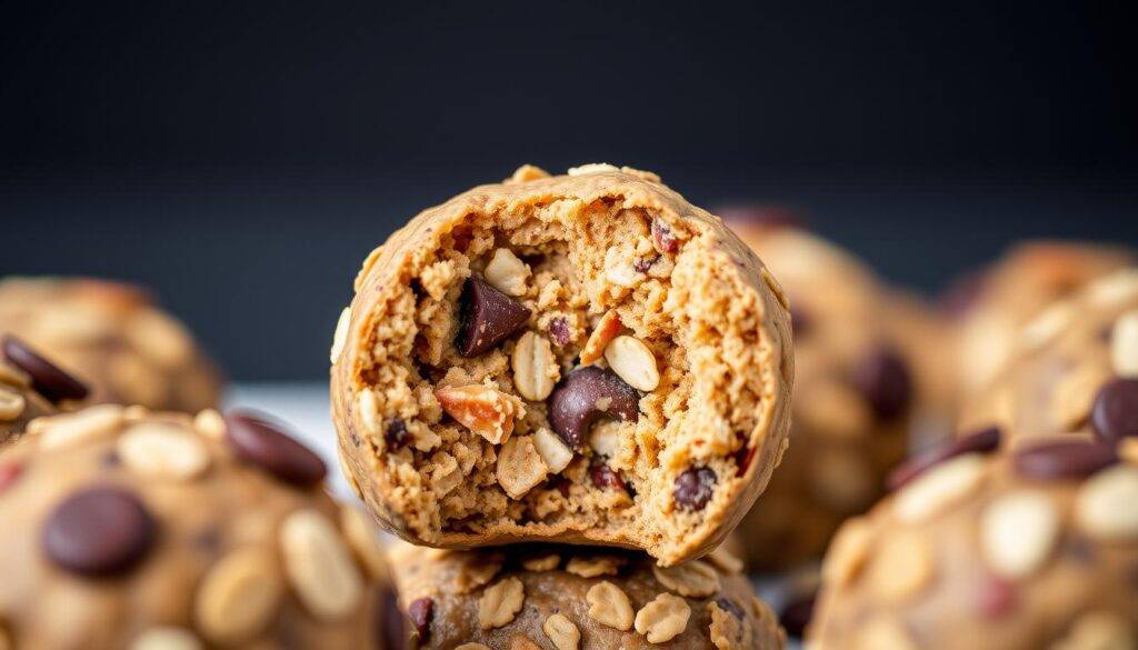 Generate an image of a no-bake protein ball with a bite taken out, showing the texture inside.