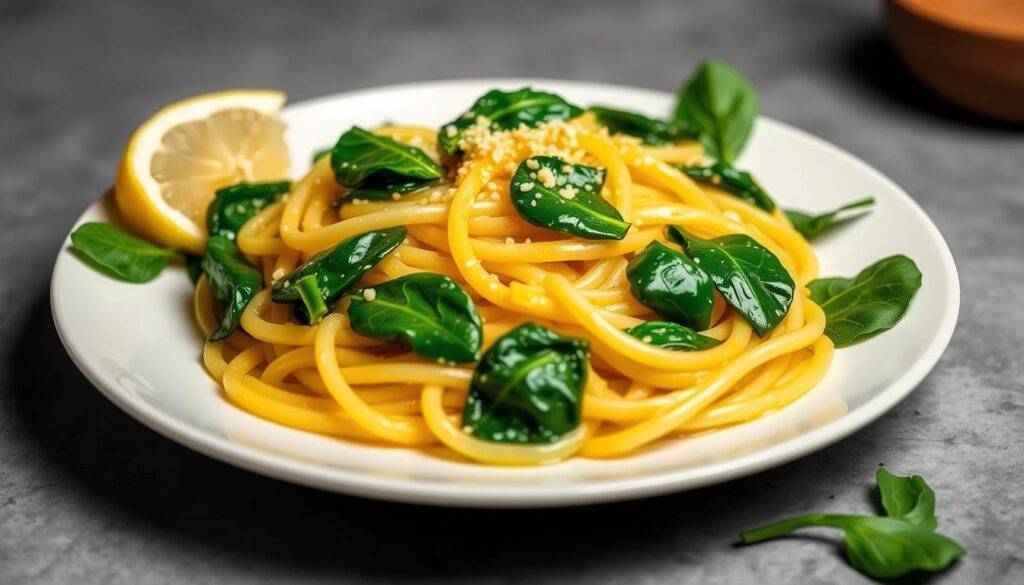 Generate an image of a plate of lemon garlic pasta with spinach, showcasing the vibrant colors and the sheen of the sauce.