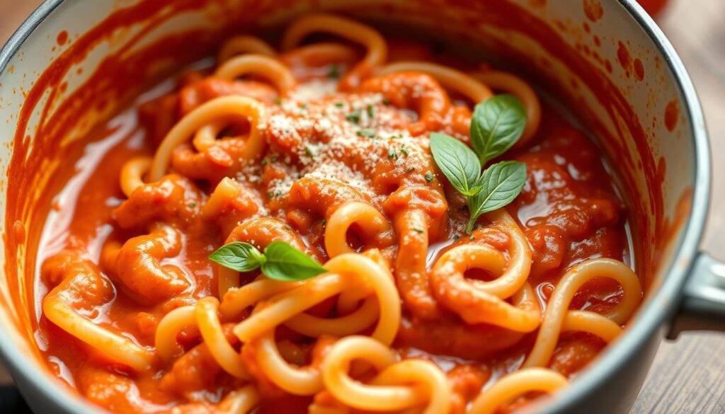 Generate an image of a pot containing creamy tomato pasta, with visible pasta and a rich, tomatoey sauce.
