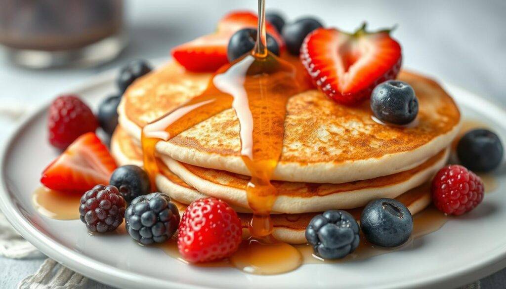 Generate an image of fluffy protein pancakes with fresh berries and maple syrup.